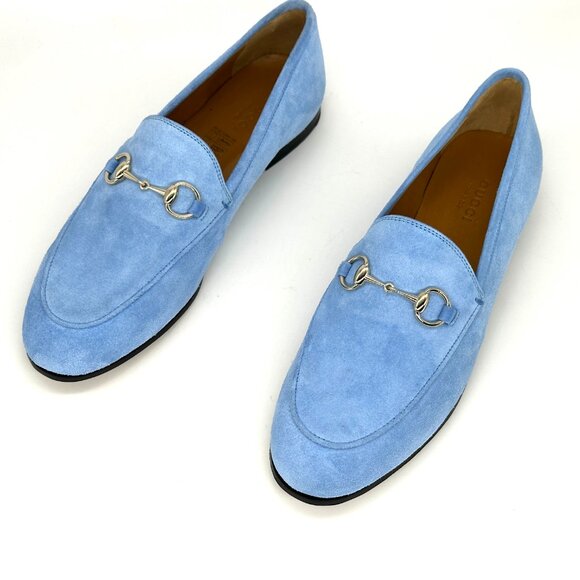 Gucci Jordaan Horsebit Bit Suede Slip On Loafers Flat Shoes Glacial Blue - Picture 11 of 15
